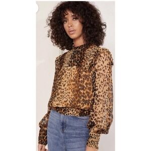Free People Roma Blouse Womens XL Leopard Sheer Smocked Ruffle Boho